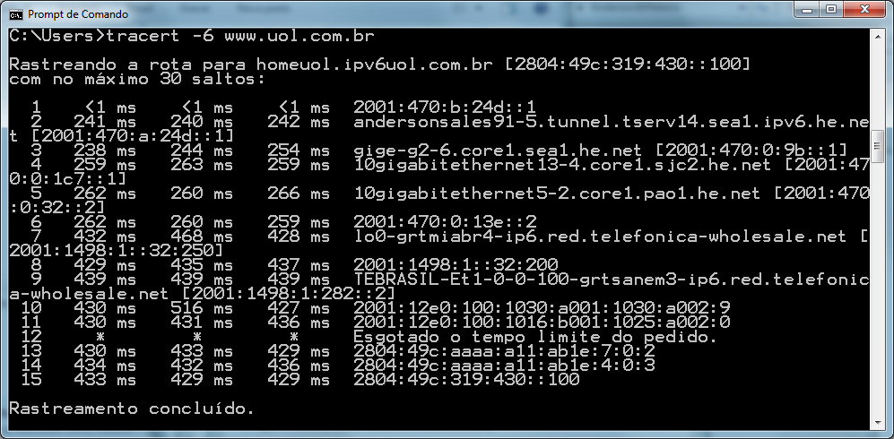 59 Figura 4.30 - Testando a conectividade IPv6 da estação Windows 7 da rede interna com tracert Fonte: Elaborada pelos autores (2013) Como mostrado na figura 4.