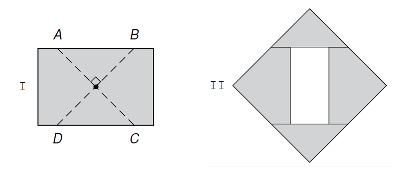 31 Retângulo recortado Uma folha retangular de 20cm por 30cm foi cortada ao longo das linhas tracejadas AC e BD em quatro pedaços: dois triângulos iguais e dois polígonos iguais de cinco lados cada