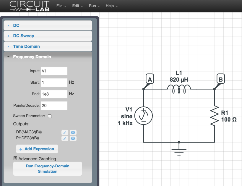 2. Preparatório parte 2: simulação 2.1 Monte no CircuitLab o circuito RL ilustrado abaixo na Figura 3. Identifique os nós A e B conforme indicado e escolha uma fonte senoidal de amplitude 1V para V1.