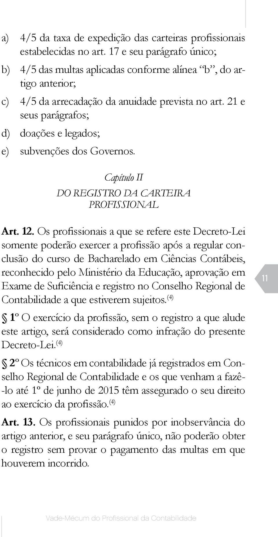 21 e seus parágrafos; d) doações e legados; e) subvenções dos Governos. Capítulo II DO REGISTRO DA CARTEIRA PROFISSIONAL Art. 12.