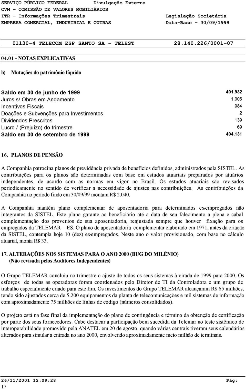 PLANOS DE PENSÃO A Companhia patrocina planos de previdência privada de benefícios definidos, administrados pela SISTEL.