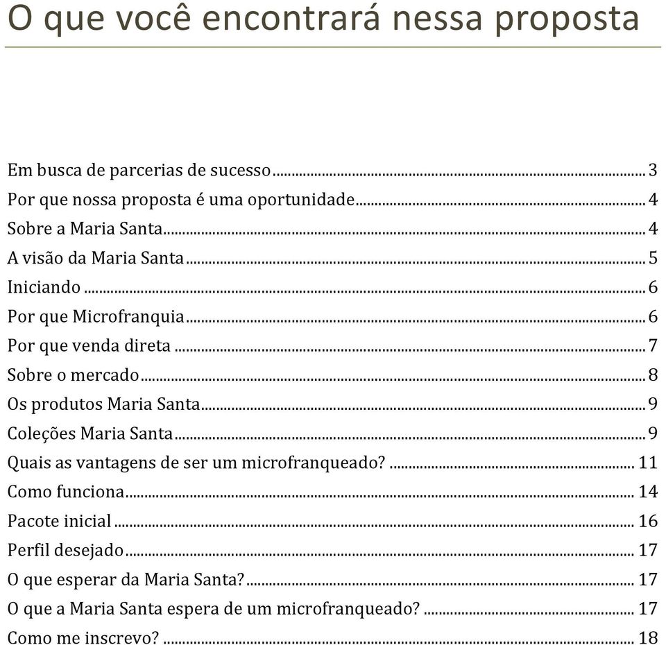 .. 7 Sobre o mercado... 8 Os produtos Maria Santa... 9 Coleções Maria Santa... 9 Quais as vantagens de ser um microfranqueado?