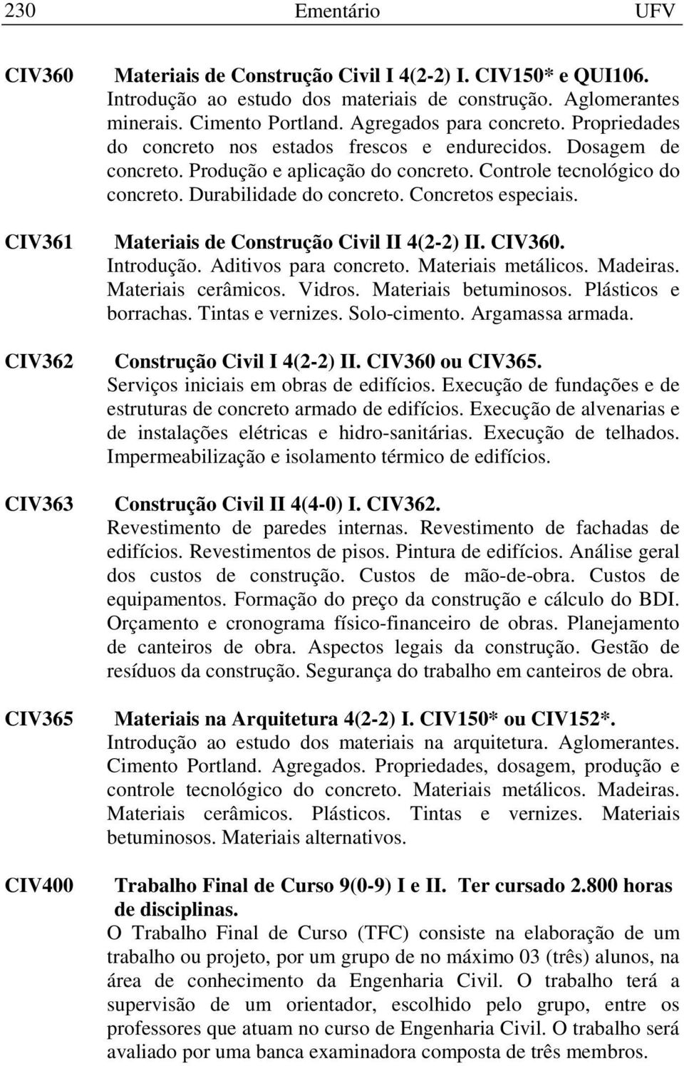 Durabilidade do concreto. Concretos especiais. Materiais de Construção Civil II 4(2-2) II. CIV360. Introdução. Aditivos para concreto. Materiais metálicos. Madeiras. Materiais cerâmicos. Vidros.