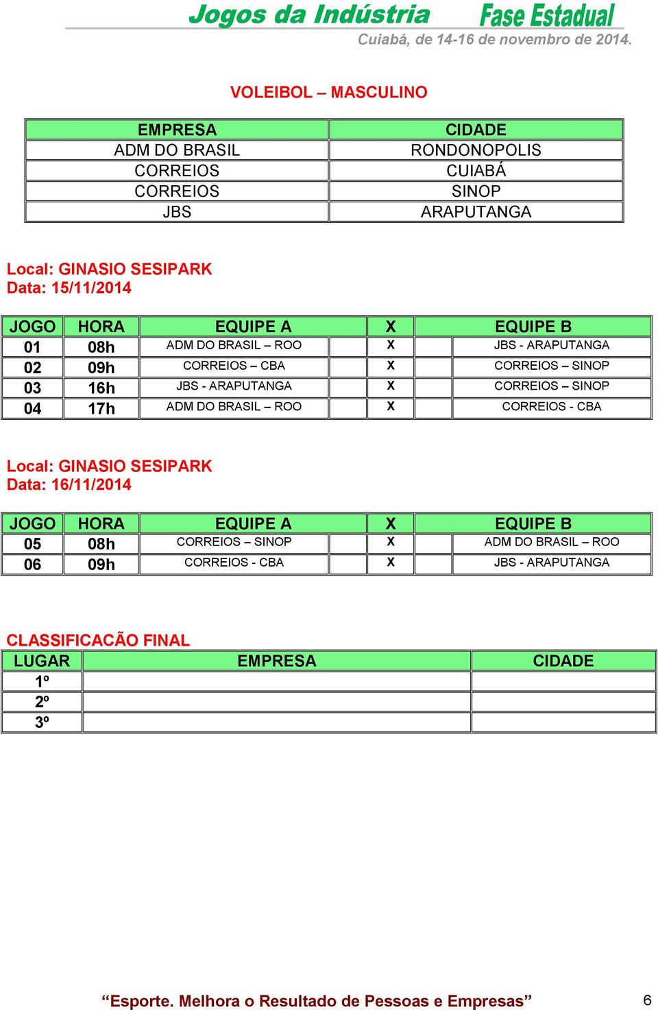 04 17h ADM DO BRASIL ROO X - CBA Local: GINASIO SESIPARK 05 08h SINOP X ADM DO BRASIL