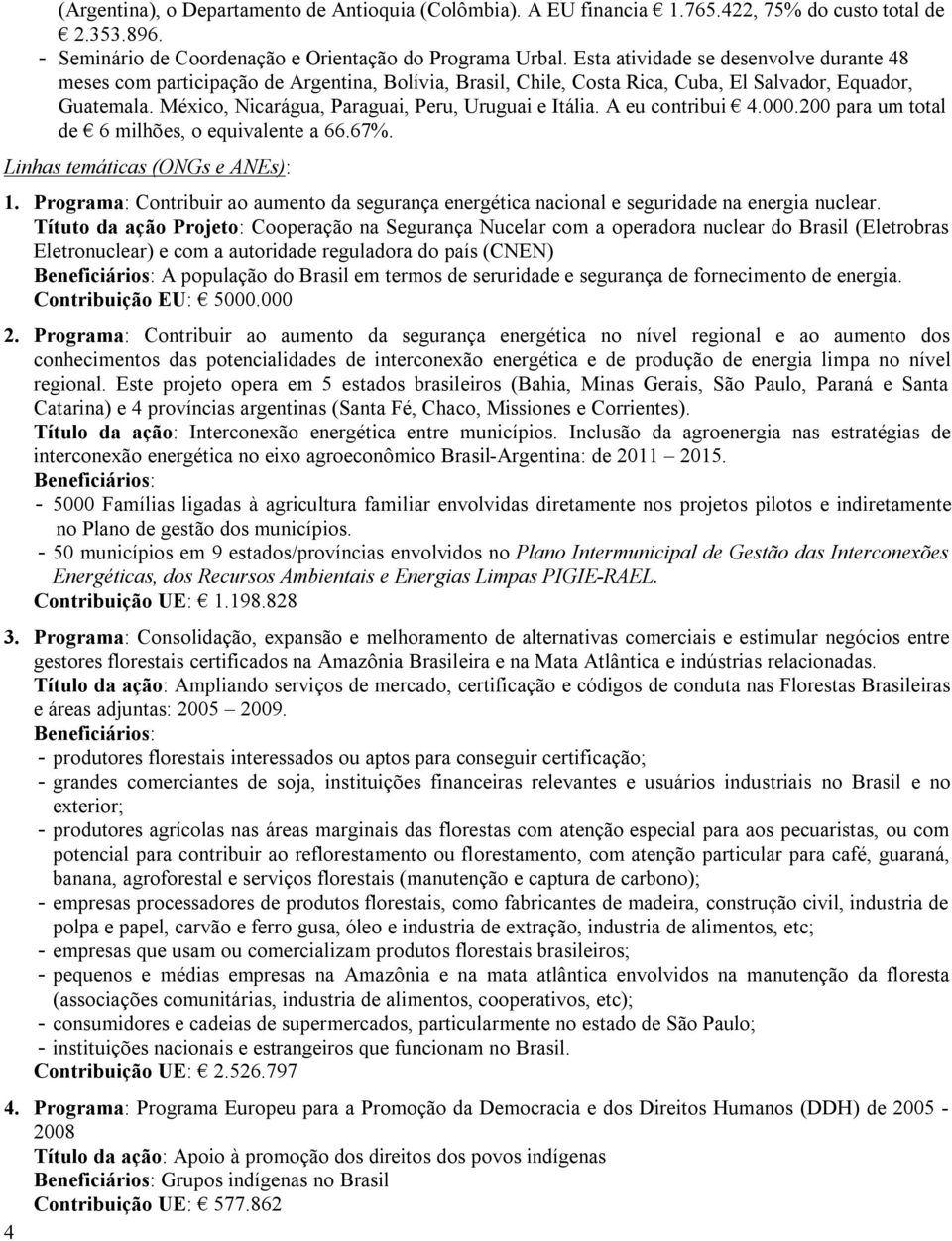 México, Nicarágua, Paraguai, Peru, Uruguai e Itália. A eu contribui 4.000.200 para um total de 6 milhões, o equivalente a 66.67%. Linhas temáticas (ONGs e ANEs): 1.