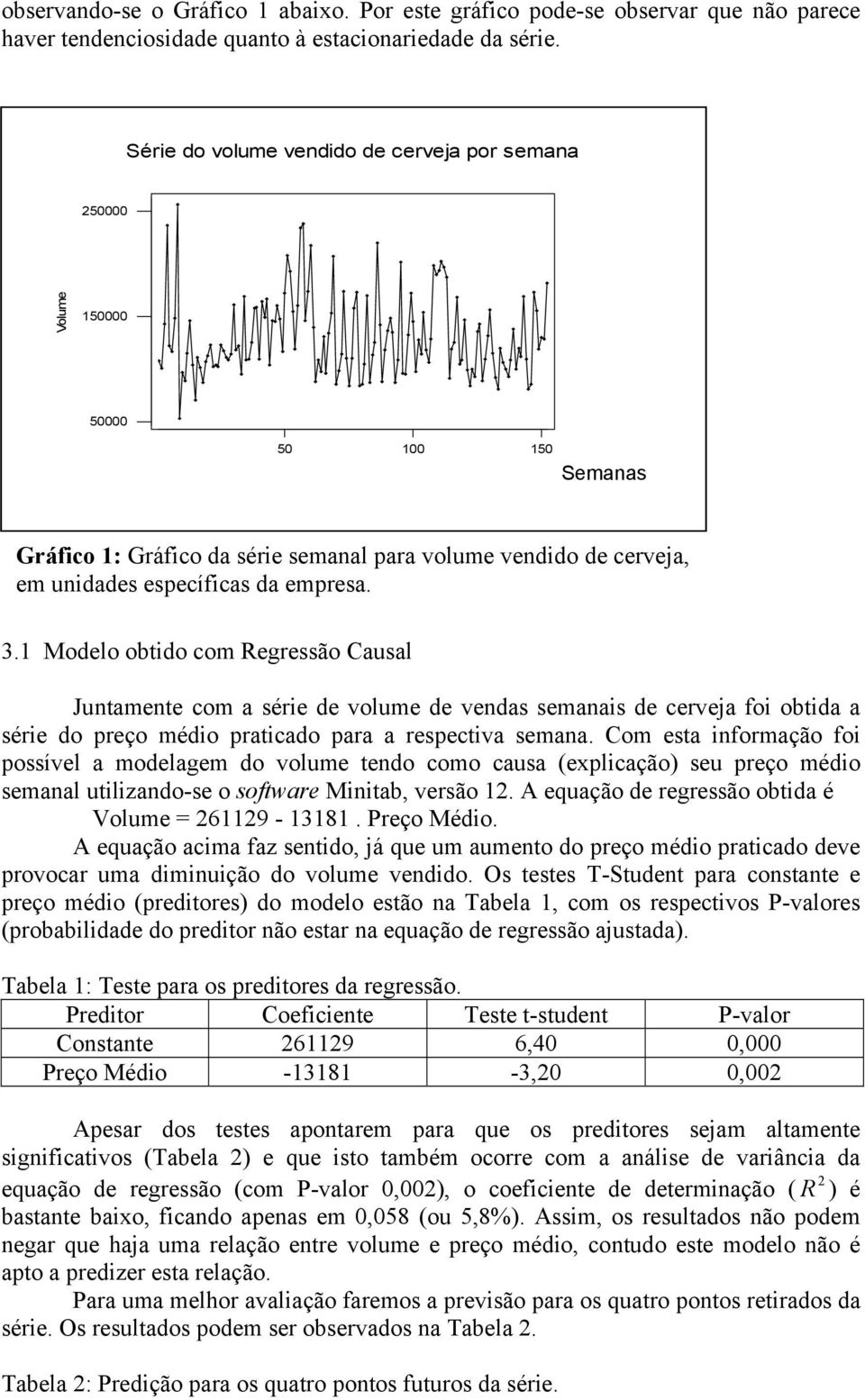 3.1 Modelo obtido com Regressão Causal Juntamente com a série de volume de vendas semanais de cerveja foi obtida a série do preço médio praticado para a respectiva semana.