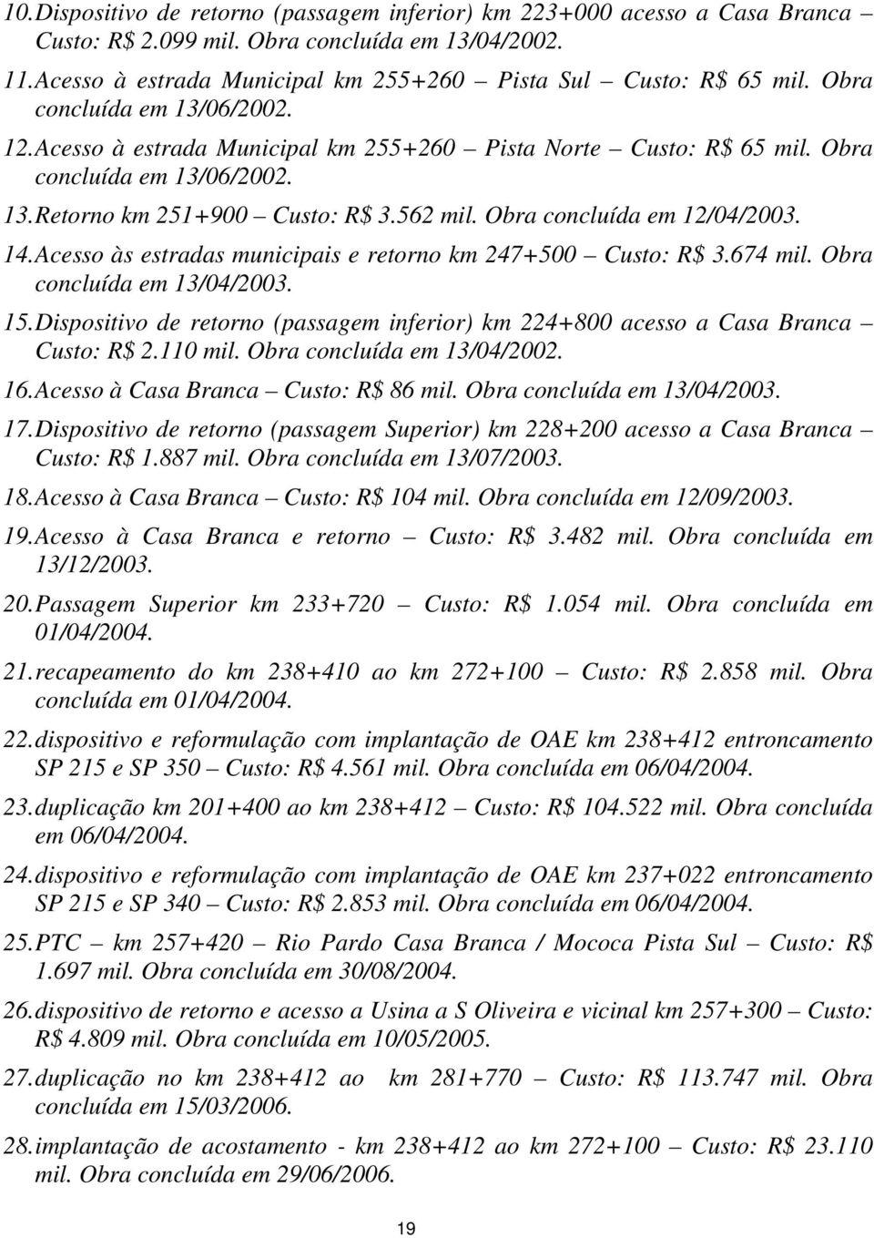 Obra concluída em 12/04/2003. 14. Acesso às estradas municipais e retorno km 247+500 Custo: R$ 3.674 mil. Obra concluída em 13/04/2003. 15.