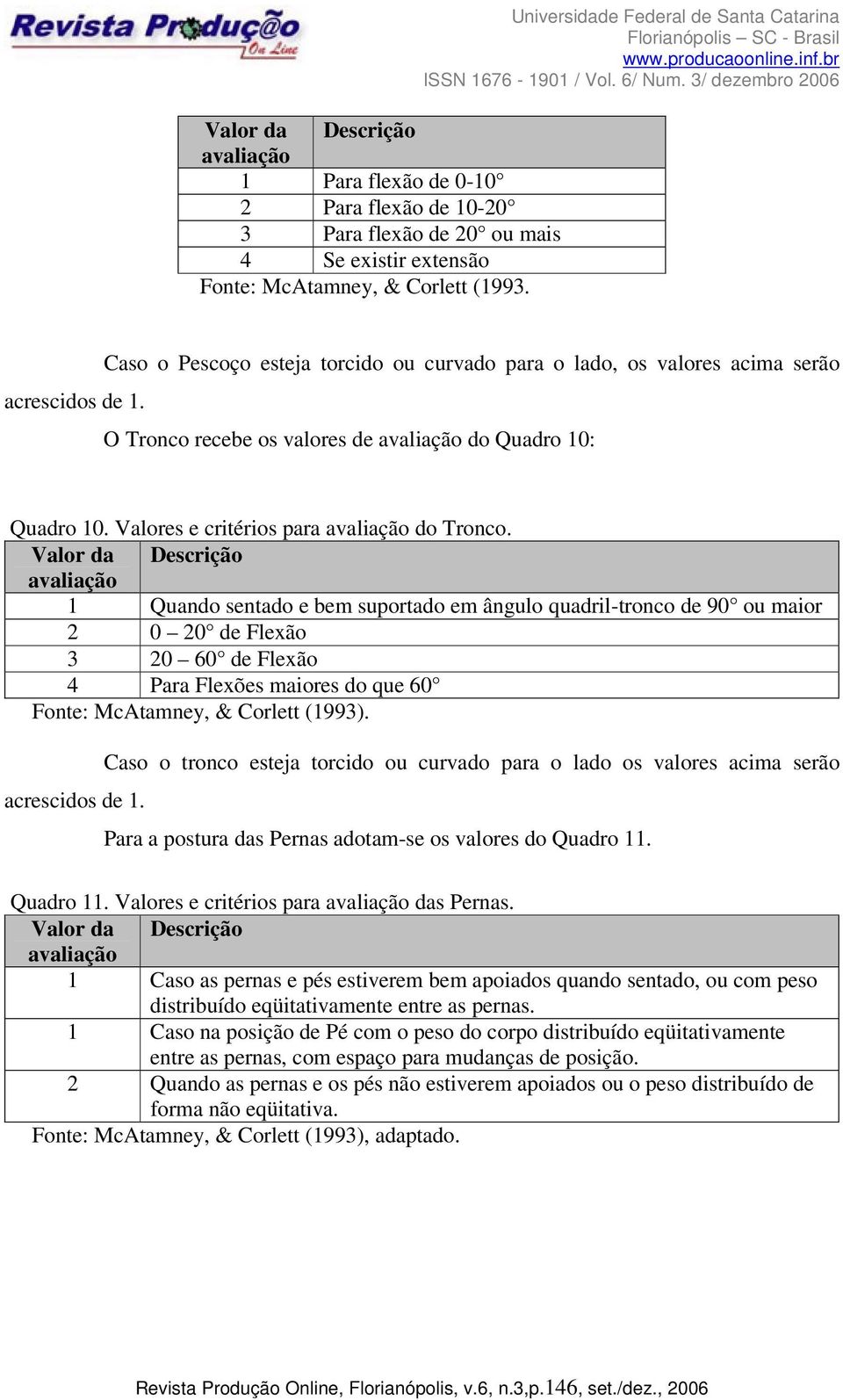 Valores e critérios para avaliação do Tronco.