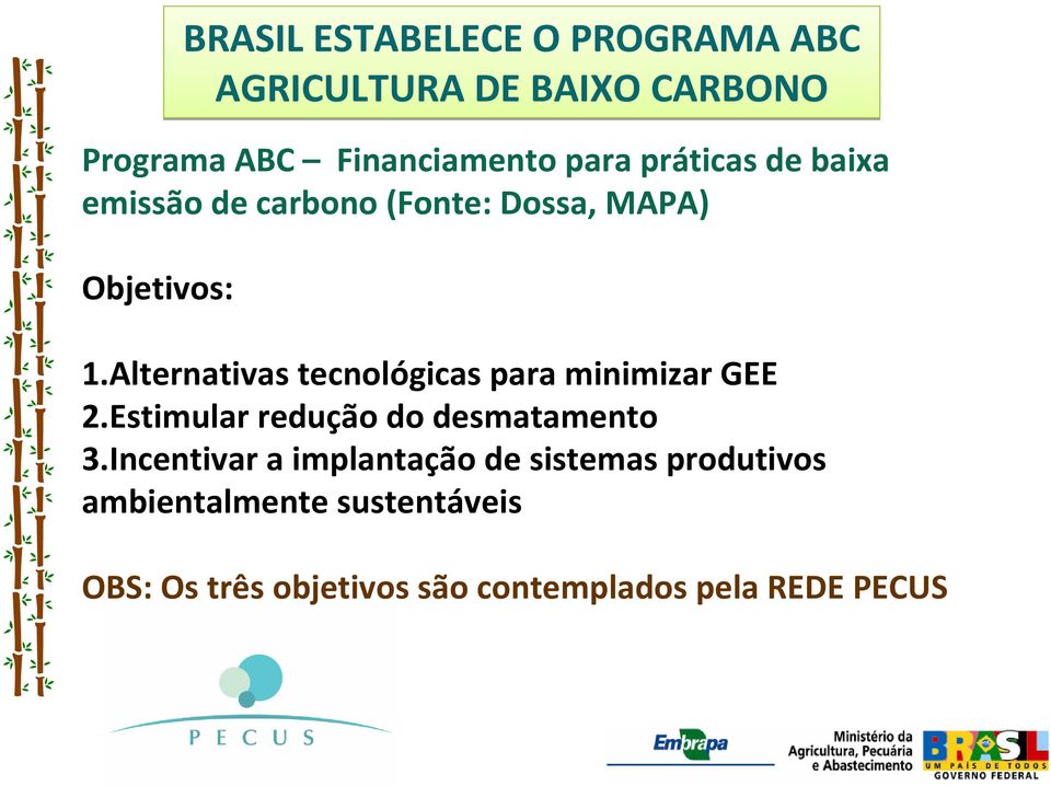 Alternativas tecnológicas para minimizar GEE 2.Estimular redução do desmatamento 3.