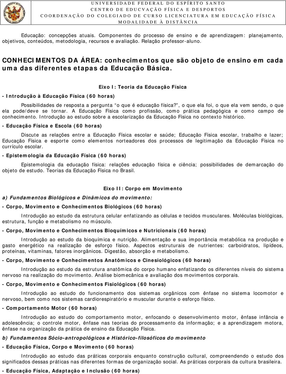 - Introdução à Educação Física () Eixo I: Teoria da Educação Física Possibilidades de resposta a pergunta o que é educação física?, o que ela foi, o que ela vem sendo, o que ela pode/deve se tornar.