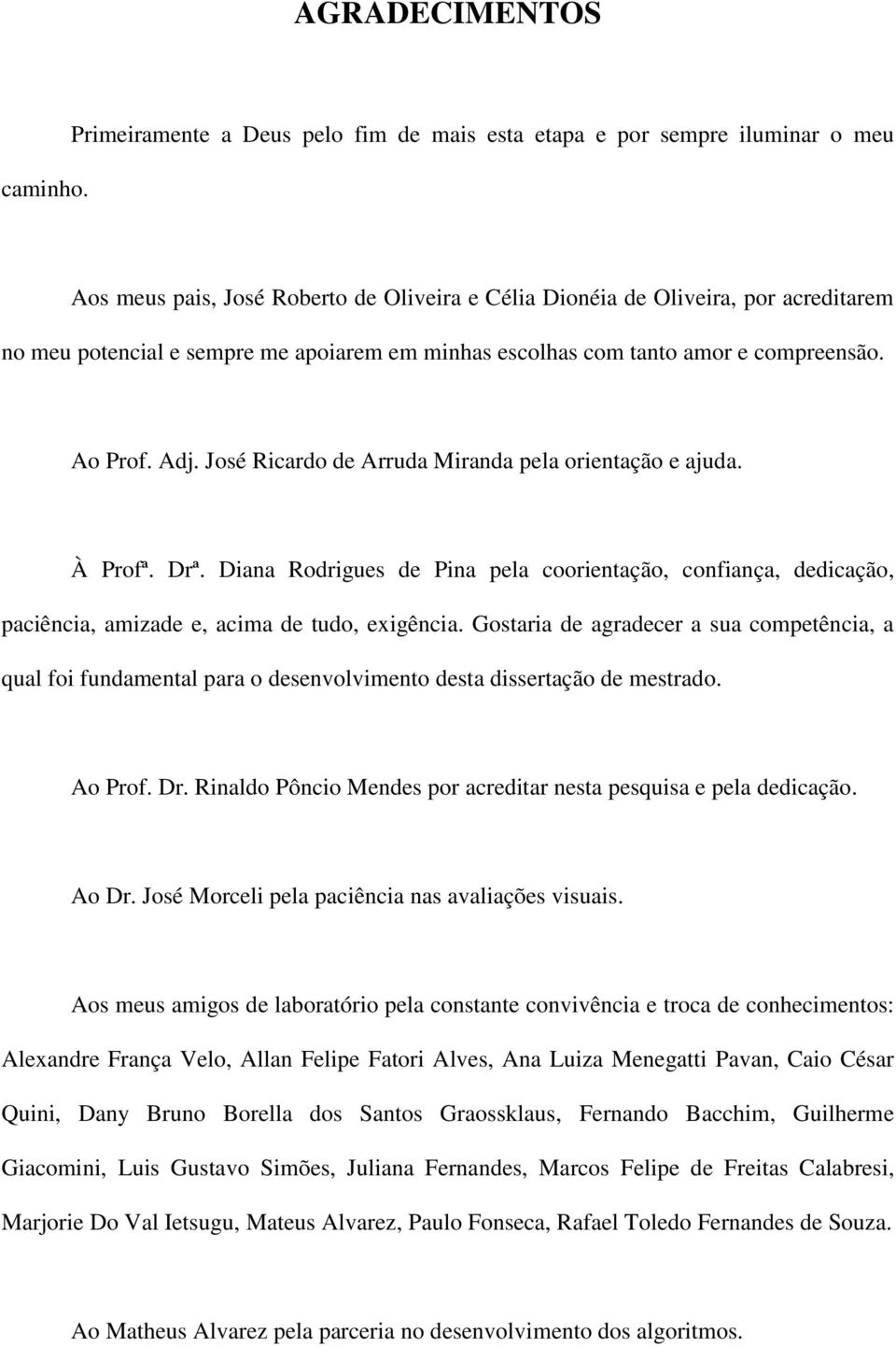 em minhas escolhas com tanto amor e compreensão. Ao Prof. Adj. José Ricardo de Arruda Miranda pela orientação e ajuda. À Profª. Drª.