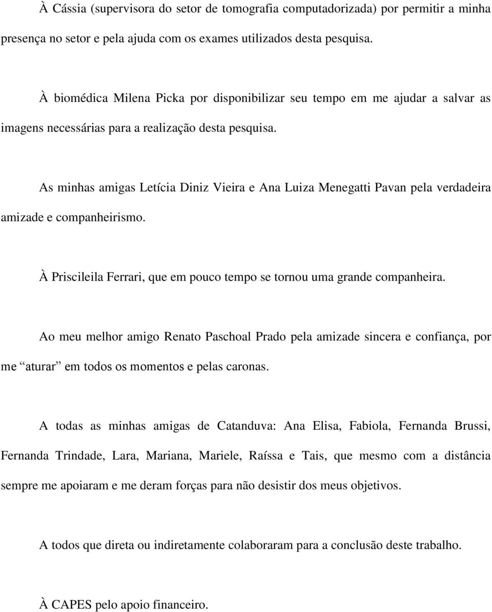 As minhas amigas Letícia Diniz Vieira e Ana Luiza Menegatti Pavan pela verdadeira amizade e companheirismo. À Priscileila Ferrari, que em pouco tempo se tornou uma grande companheira.