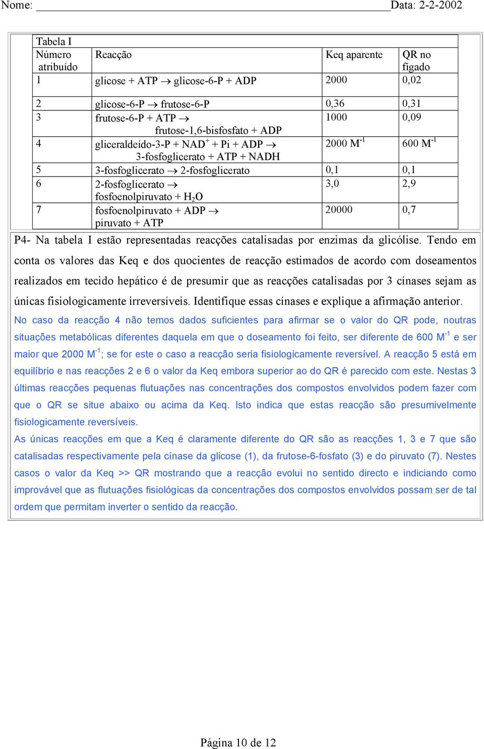 fosfoenolpiruvato + ADP piruvato + ATP 20000 0,7 P4- Na tabela I estão representadas reacções catalisadas por enzimas da glicólise.