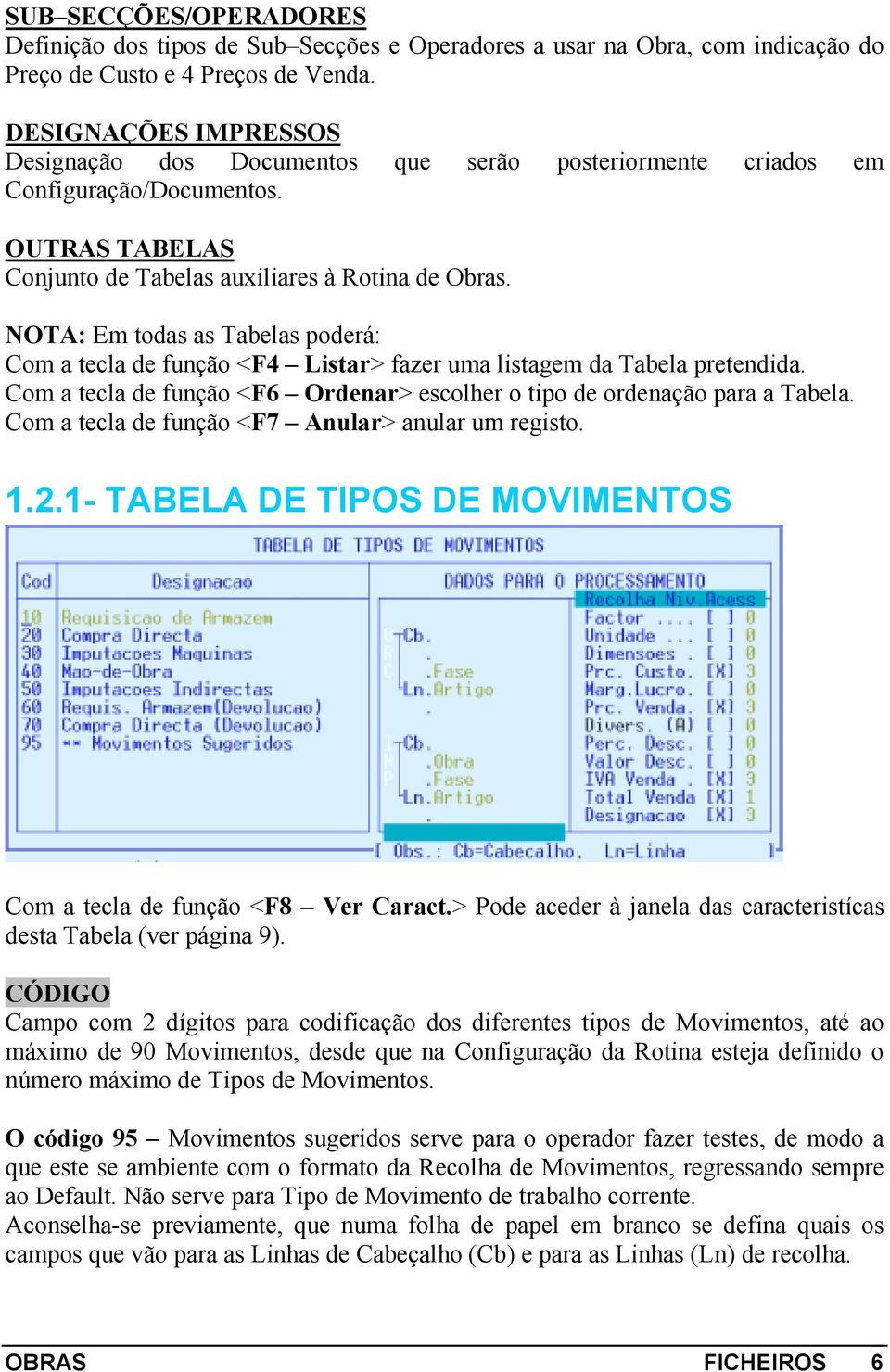 NOTA: Em todas as Tabelas poderá: Com a tecla de função <F4 Listar> fazer uma listagem da Tabela pretendida. Com a tecla de função <F6 Ordenar> escolher o tipo de ordenação para a Tabela.