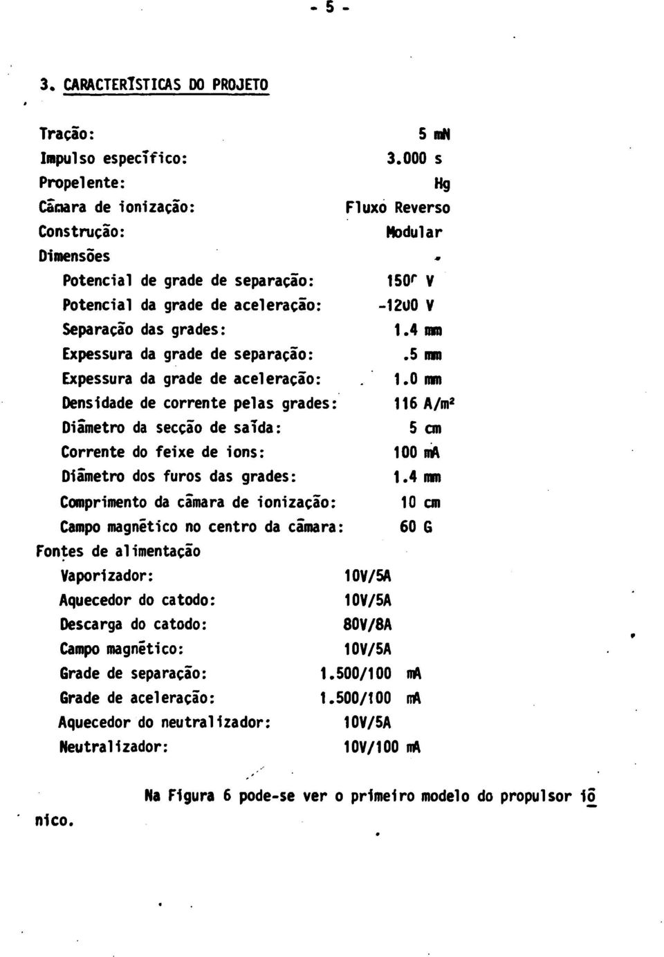 Expessura da grade de separação: Expessura da grade de aceleração: Densidade de corrente pelas grades: Diâmetro da secção de saída: Corrente do feixe de ions: Diâmetro dos furos das grades: 5 mn 3.