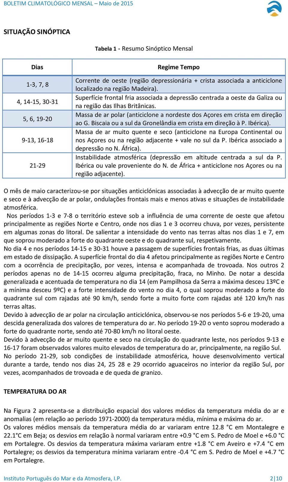 Massa de ar polar (anticiclone a nordeste dos Açores em crista em direção ao G. Biscaia ou a sul da Gronelândia em crista em direção à P. Ibérica).