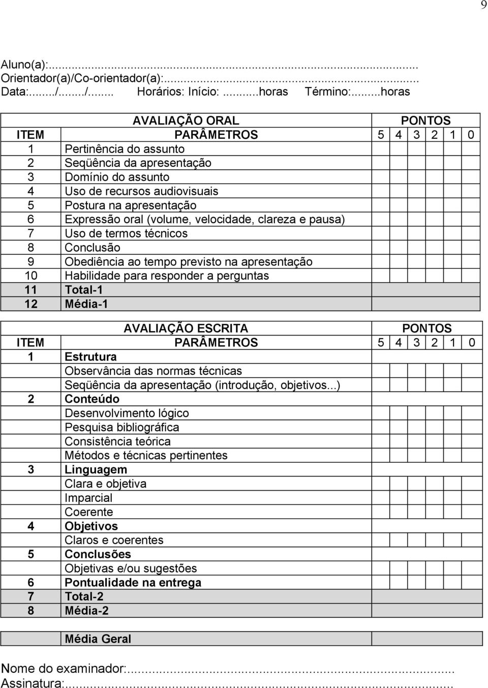 Expressão oral (volume, velocidade, clareza e pausa) 7 Uso de termos técnicos 8 Conclusão 9 Obediência ao tempo previsto na apresentação 10 Habilidade para responder a perguntas 11 Total-1 12 Média-1