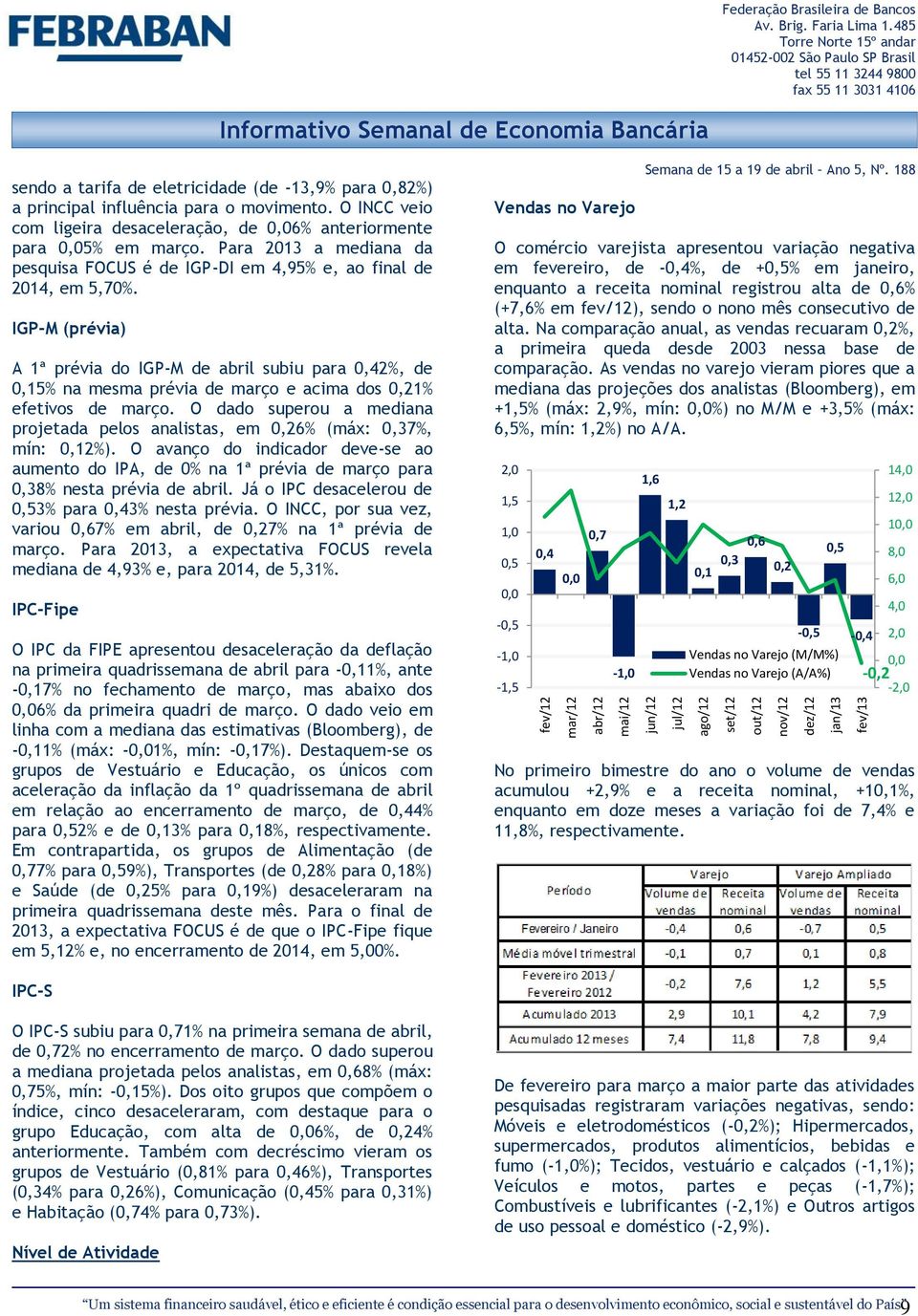 IGP-M (prévia) A 1ª prévia do IGP-M de abril subiu para 0,42%, de 0,15% na mesma prévia de março e acima dos 0,21% efetivos de março.