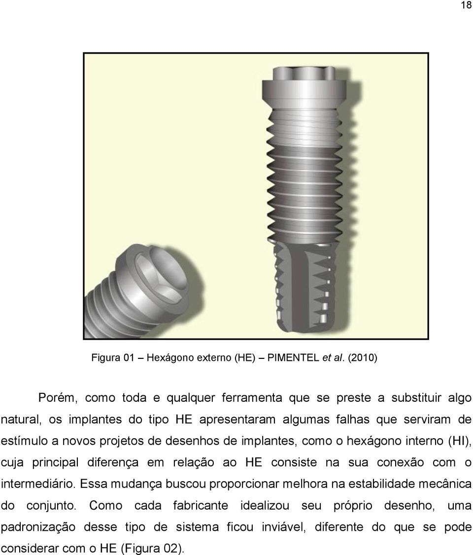 estímulo a novos projetos de desenhos de implantes, como o hexágono interno (HI), cuja principal diferença em relação ao HE consiste na sua conexão com o