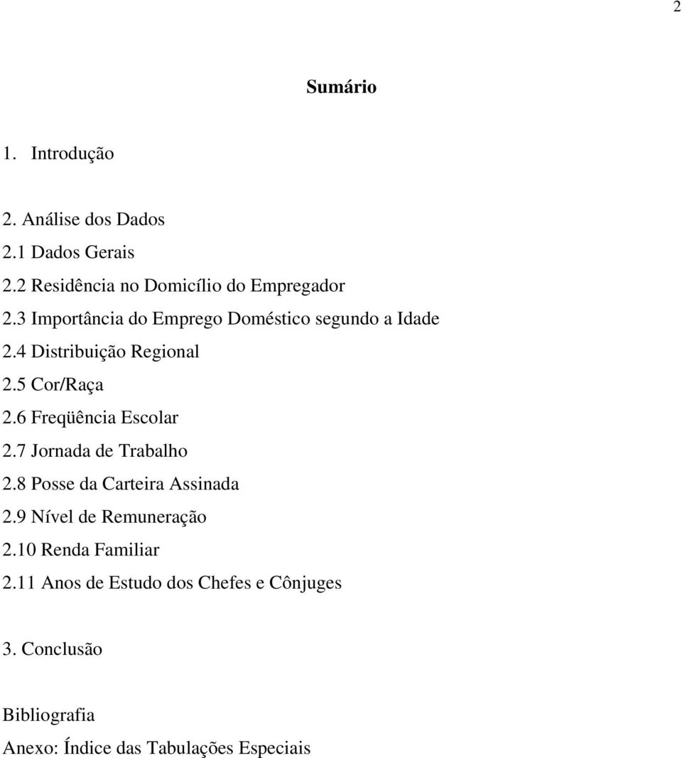 6 Freqüência Escolar 2.7 Jornada de Trabalho 2.8 Posse da Carteira Assinada 2.9 Nível de Remuneração 2.