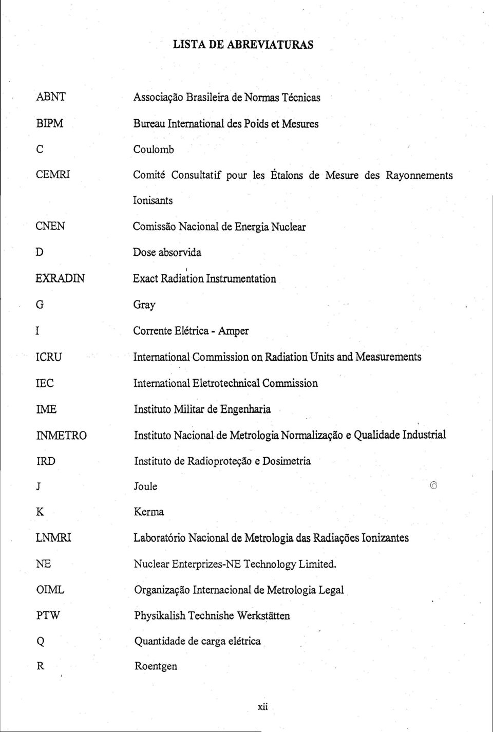 Radiation Units and Measurements International Eletrotechnical Commission Instituto Militar de Engenharia Instituto Nacional de Metrologia Normalização e Qualidade Industrial Instituto de