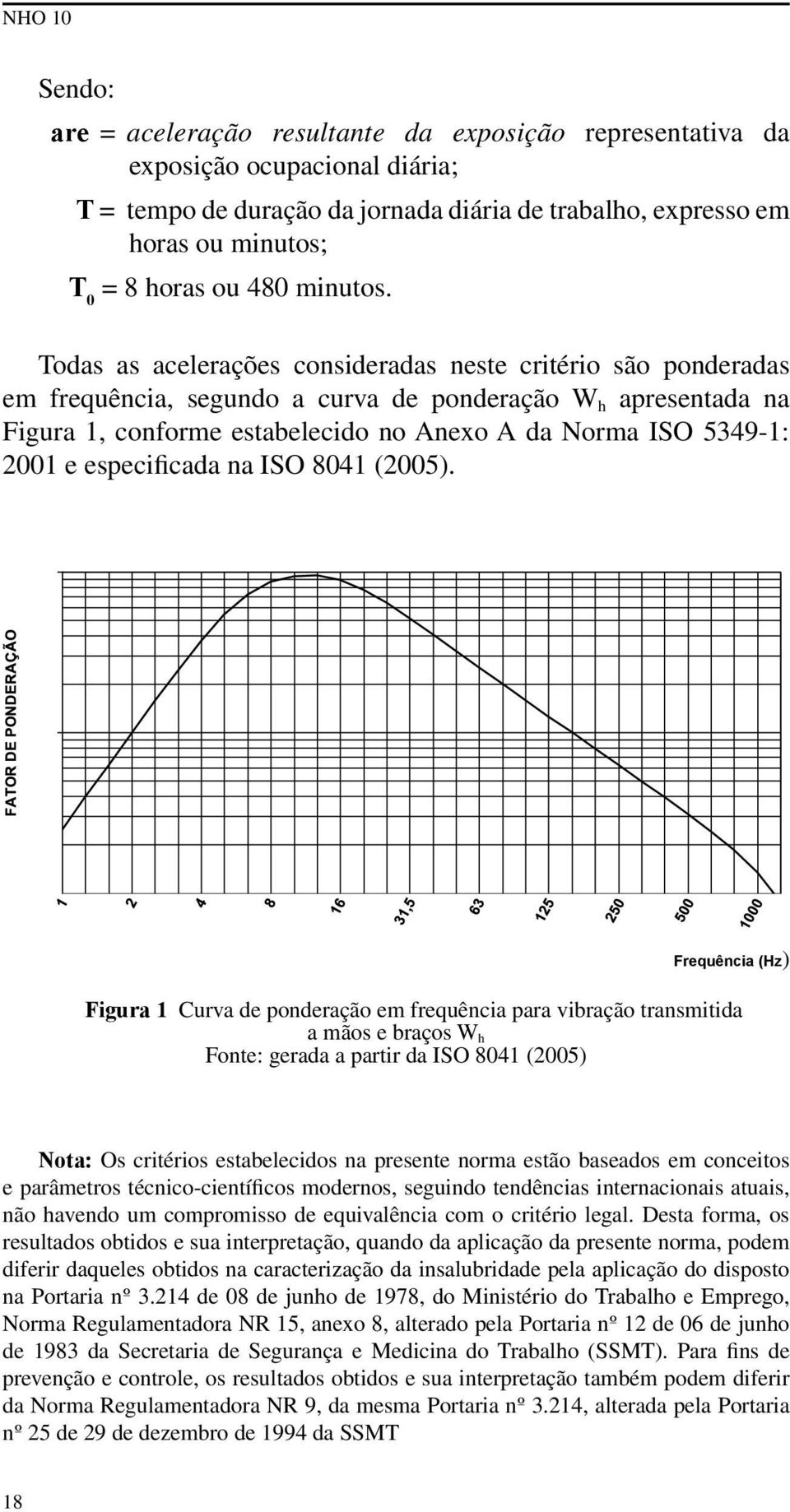 Todas as acelerações consideradas neste critério são ponderadas em frequência, segundo a curva de ponderação W h apresentada na Figura 1, conforme estabelecido no Anexo A da Norma ISO 5349-1: 2001 e