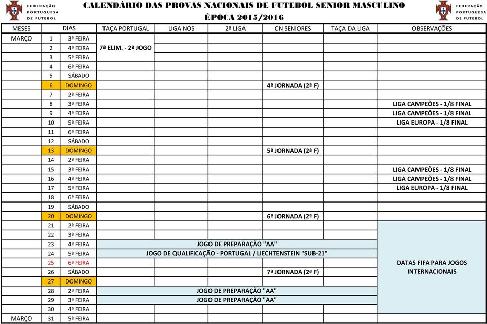 FINAL 18 6ª FEIRA 19 SÁBADO 20 DOMINGO 6ª JORNADA (2ª F) 21 2ª FEIRA 22 3ª FEIRA 23 4ª FEIRA 24 5ª FEIRA 25 6ª FEIRA 26 SÁBADO 7ª JORNADA (2ª F) 27 DOMINGO 28 2ª FEIRA 29 3ª FEIRA 30 4ª FEIRA