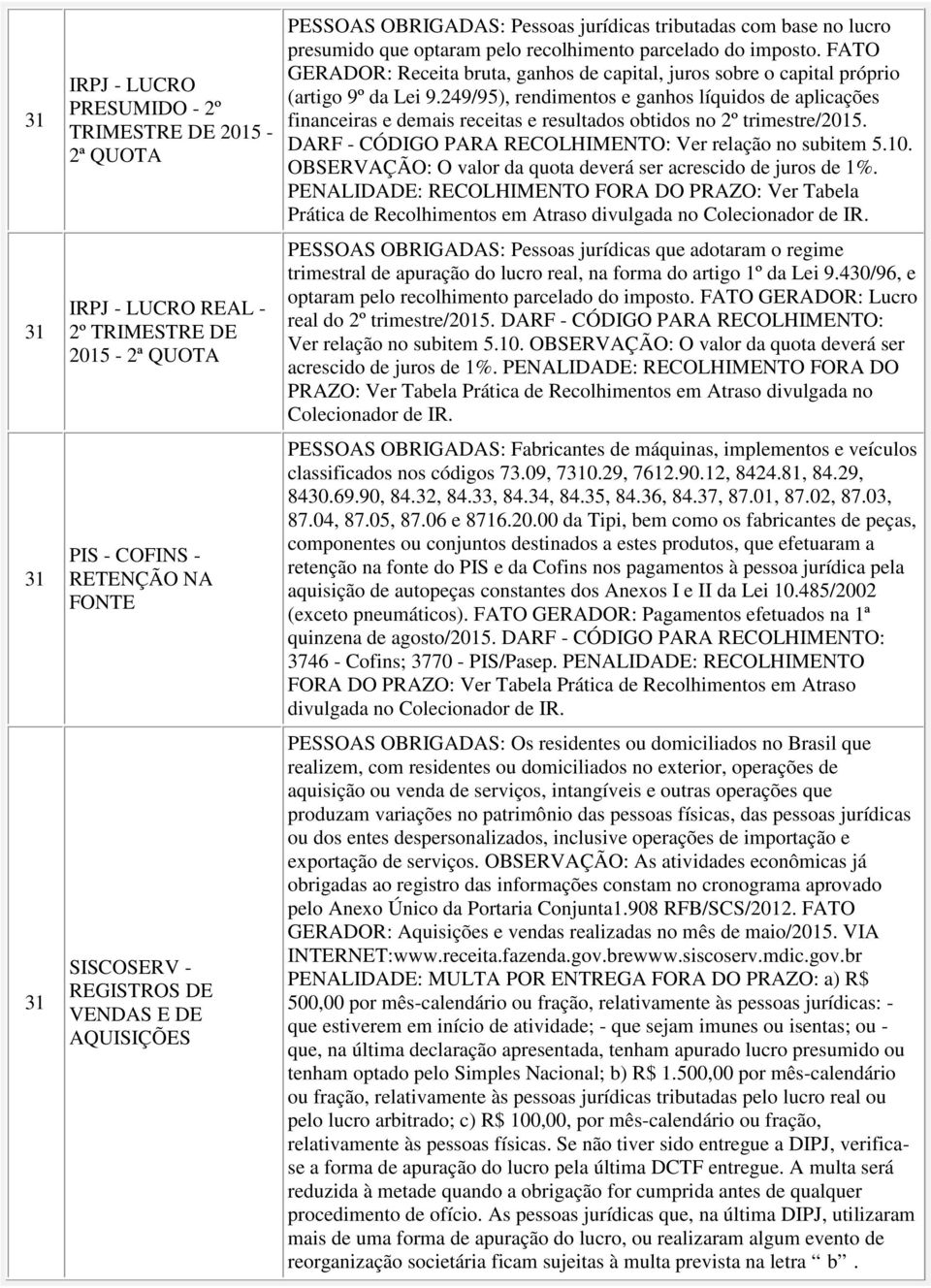 FATO GERADOR: Receita bruta, ganhos de capital, juros sobre o capital próprio (artigo 9º da Lei 9.