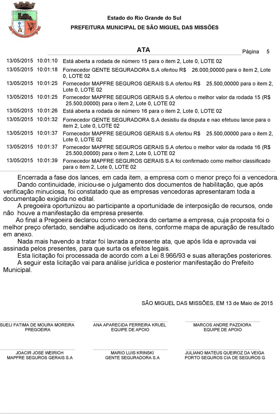 A ofertou o melhor valor da rodada 15 (R$ 25.500,00000) para o item 2, 13/05/2015 10:01:26 Está aberta a rodada de número 16 para o item 2, 13/05/2015 10:01:32 Fornecedor GENTE SEGURADORA S.