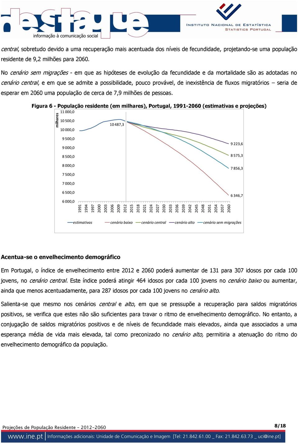 No cenário sem migrações - em que as hipóteses de evolução da fecundidade e da mortalidade são as adotadas no cenário central, e em que se admite a possibilidade, pouco provável, de inexistência de