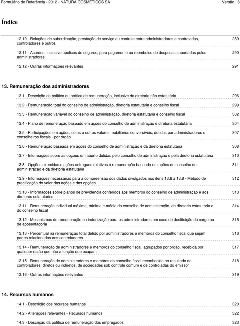 Remuneração dos administradores 13.1 - Descrição da política ou prática de remuneração, inclusive da diretoria não estatutária 296 13.