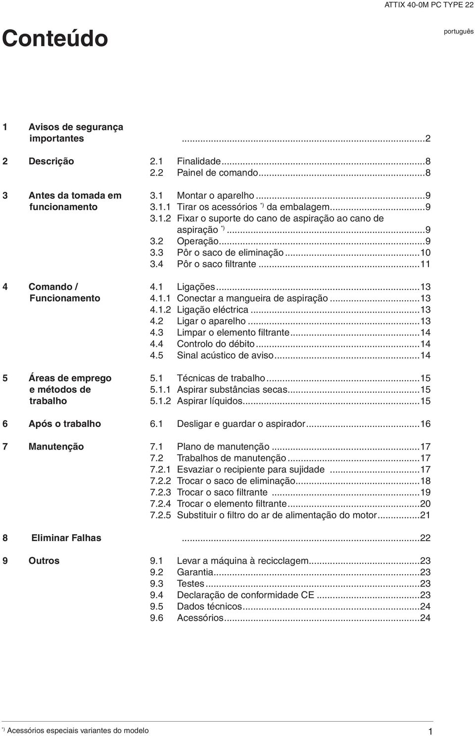 ..9 3.2 Operação...9 3.3 Pôr o saco de eliminação...10 3.4 Pôr o saco filtrante...11 4.1 Ligações...13 4.1.1 Conectar a mangueira de aspiração...13 4.1.2 Ligação eléctrica...13 4.2 Ligar o aparelho.