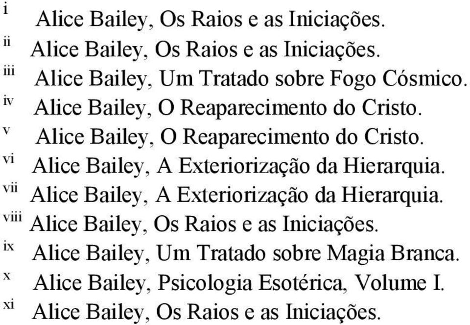 v Alice Bailey, O Reaparecimento do Cristo. vi Alice Bailey, A Exteriorização da Hierarquia.