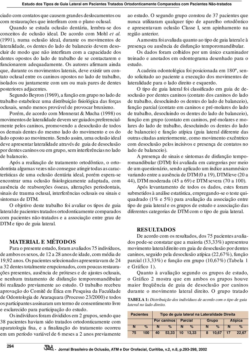 (1991), numa oclusão ideal, durante os movimentos de lateralidade, os dentes do lado de balanceio devem desocluir de modo que não interfiram com a capacidade dos dentes opostos do lado de trabalho de