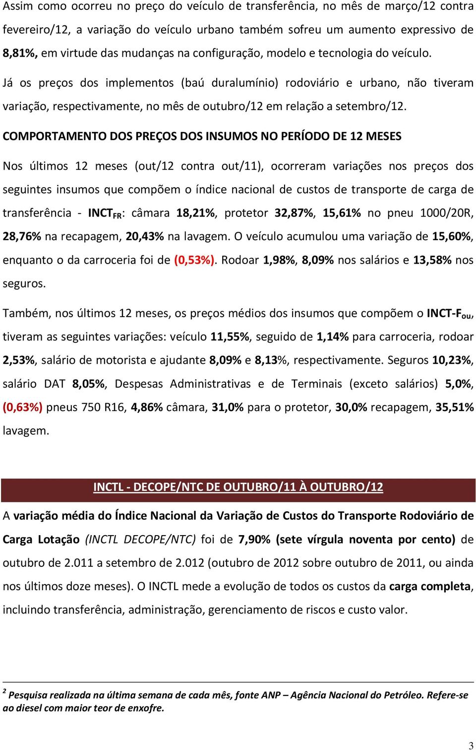 COMPORTAMENTO DOS PREÇOS DOS INSUMOS NO PERÍODO DE 12 MESES Nos últimos 12 meses (out/12 contra out/11), ocorreram variações nos preços dos seguintes insumos que compõem o índice nacional de custos