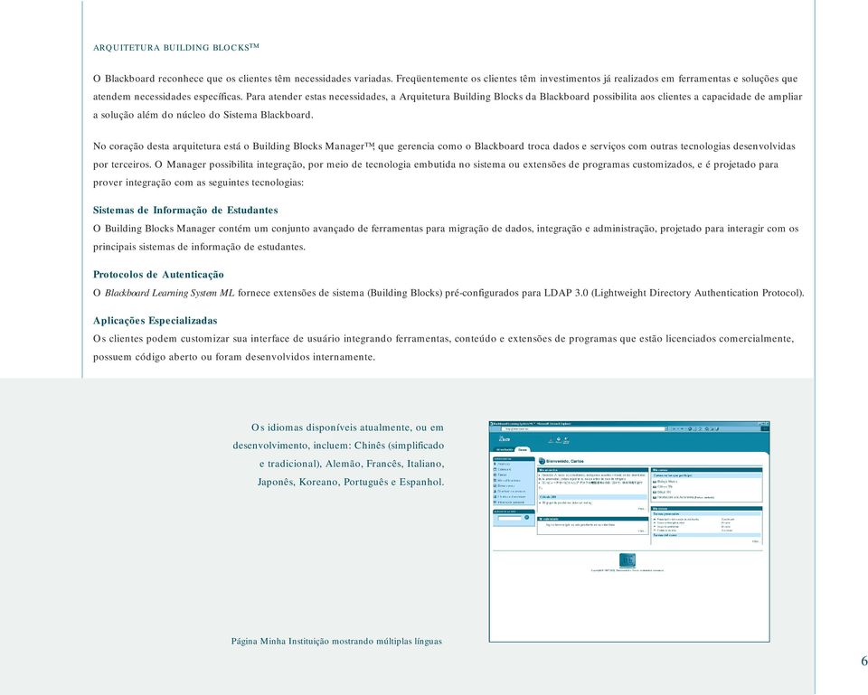 Para atender estas necessidades, a Arquitetura Building Blocks da Blackboard possibilita aos clientes a capacidade de ampliar a solução além do núcleo do Sistema Blackboard.