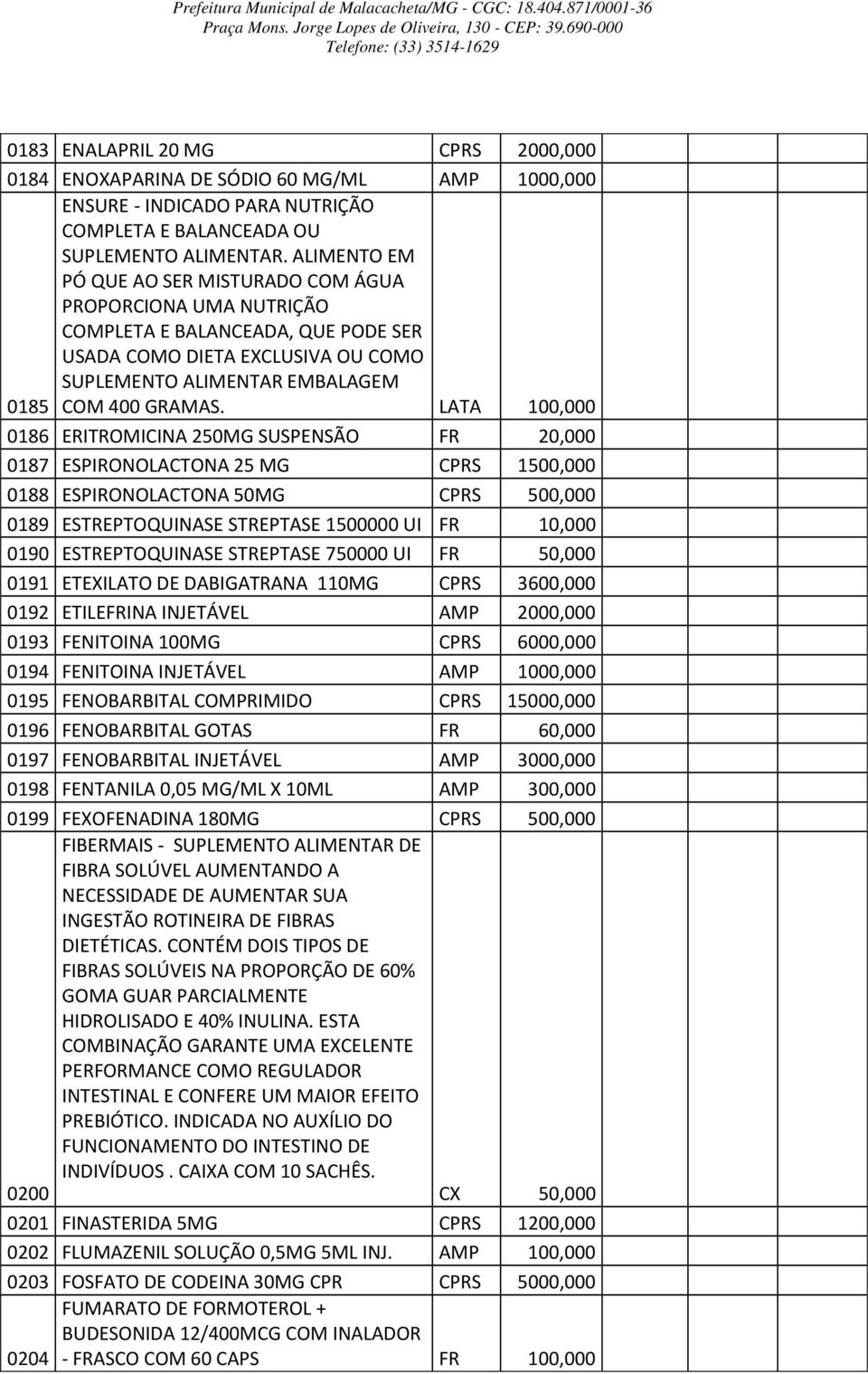 LATA 100,000 0186 ERITROMICINA 250MG SUSPENSÃO FR 20,000 0187 ESPIRONOLACTONA 25 MG CPRS 1500,000 0188 ESPIRONOLACTONA 50MG CPRS 500,000 0189 ESTREPTOQUINASE STREPTASE 1500000 UI FR 10,000 0190