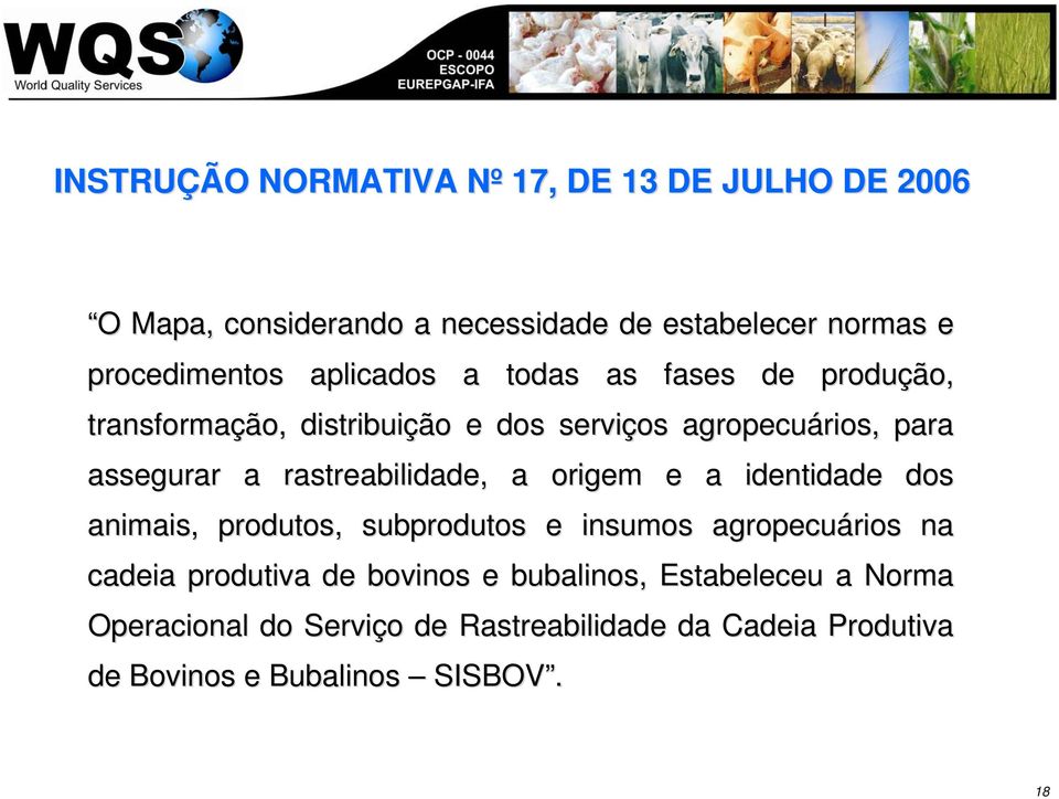 rastreabilidade,, a origem e a identidade dos animais, produtos, subprodutos e insumos agropecuários na cadeia produtiva de