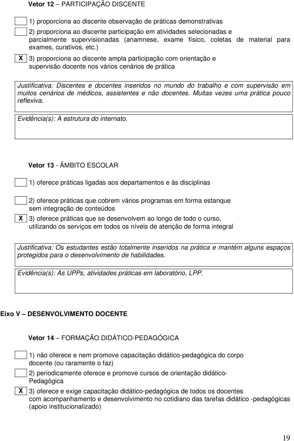 ) X 3) proporciona ao discente ampla participação com orientação e supervisão docente nos vários cenários de prática Justificativa: Discentes e docentes inseridos no mundo do trabalho e com