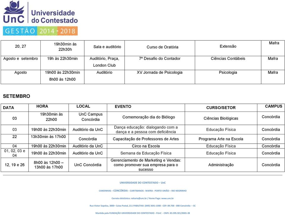 Ciências Biológicas Dança educação: dialogando com a dança e a pessoa com deficiência Educação Física Capacitação de Professores de Artes Programa Arte na Escola 04 19h00 às 22h30min Auditório da UnC