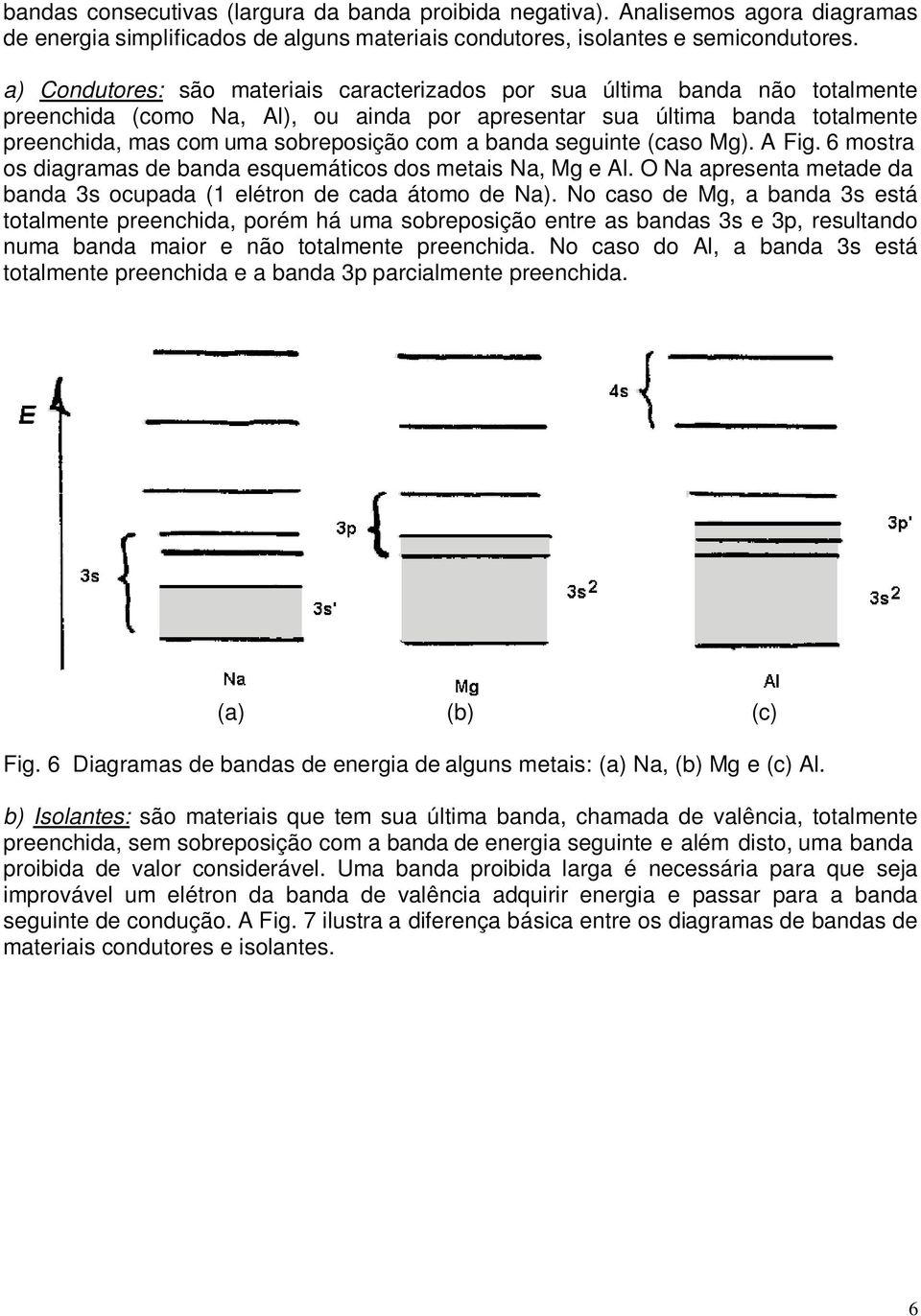 a banda seguinte (caso Mg). A Fig. 6 mostra os diagramas de banda esquemáticos dos metais Na, Mg e Al. O Na apresenta metade da banda 3s ocupada (1 elétron de cada átomo de Na).