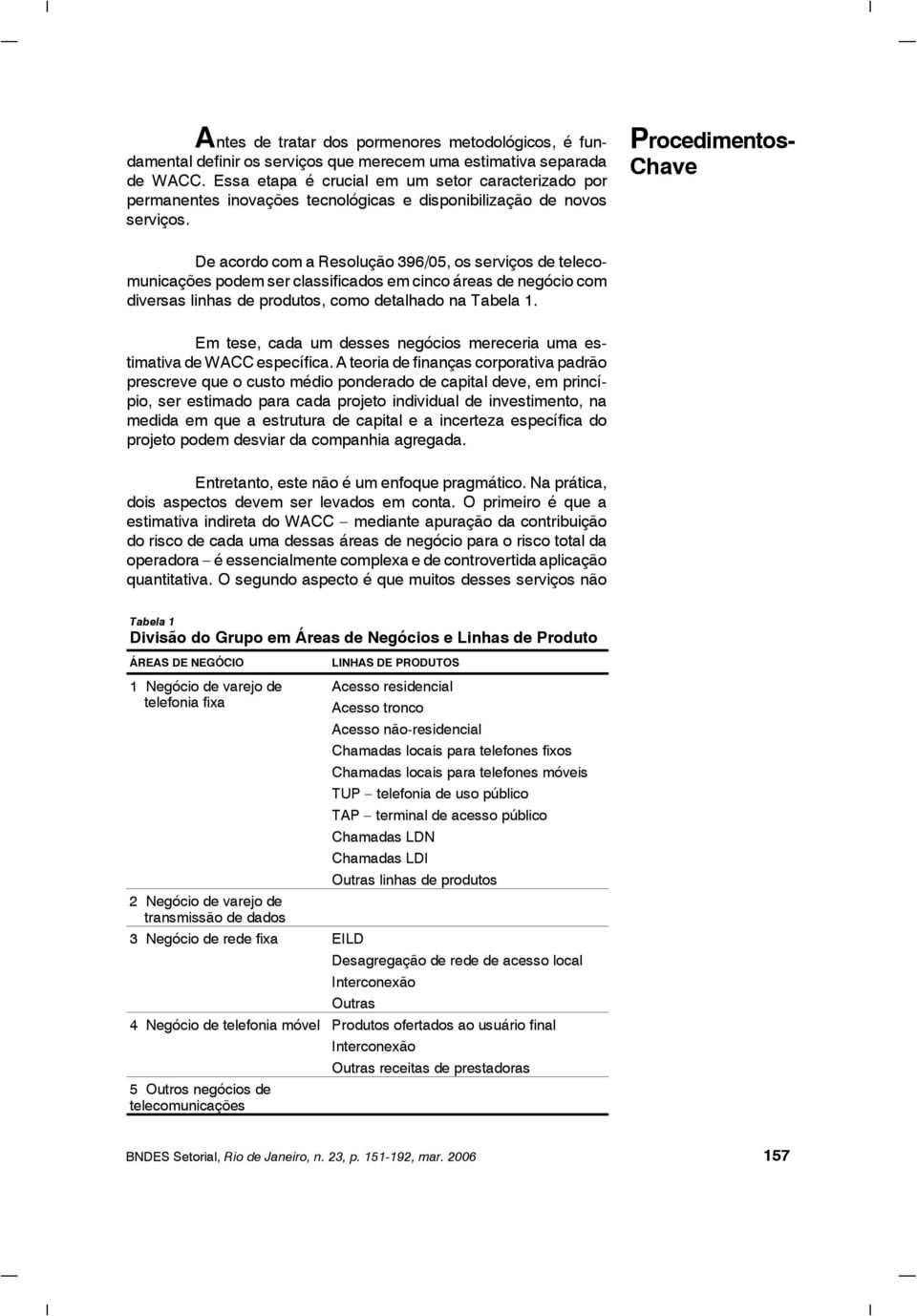 Procedimentos- Chave De acordo com a Resolução 396/05, os serviços de telecomunicações podem ser classificados em cinco áreas de negócio com diversas linhas de produtos, como detalhado na Tabela 1.