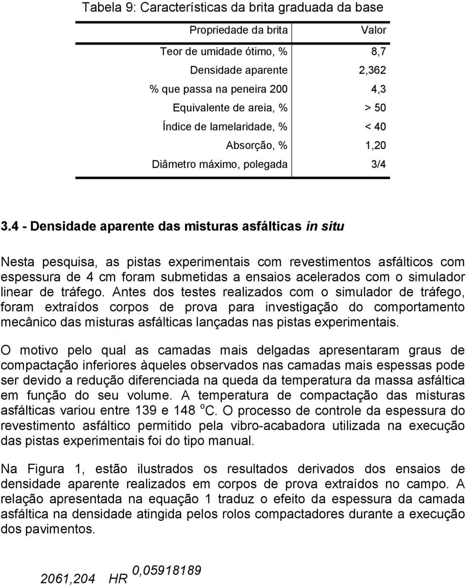 4 - Densidade aparente das misturas asfálticas in situ Nesta pesquisa, as pistas experimentais com revestimentos asfálticos com espessura de 4 cm foram submetidas a ensaios acelerados com o simulador