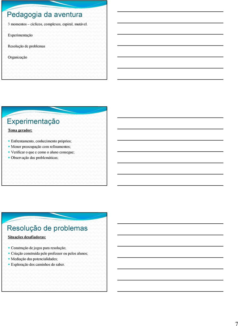 preocupação com refinamentos; Verificar o que e como o aluno consegue; Observação das problemáticas; Resolução de problemas