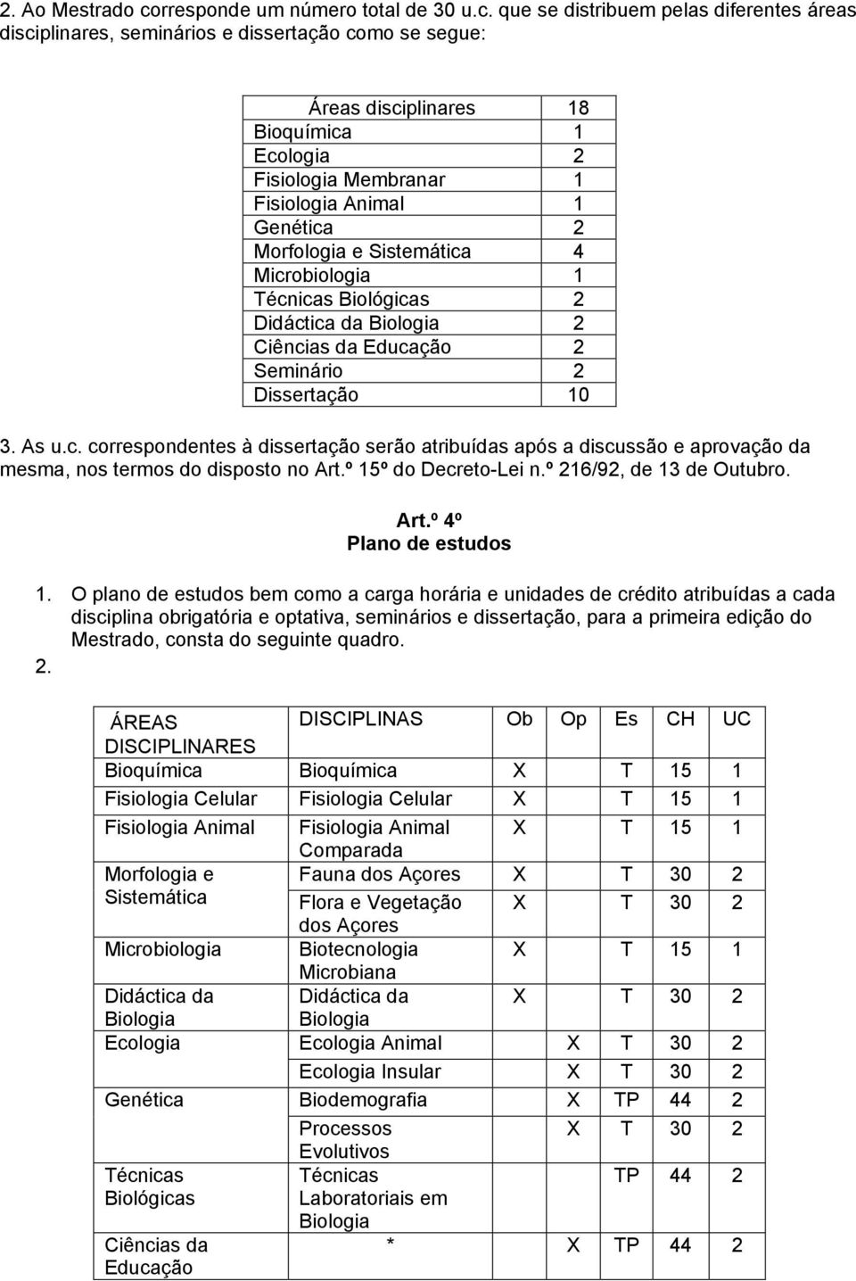 que se distribuem pelas diferentes áreas disciplinares, seminários e dissertação como se segue: Áreas disciplinares Bioquímica 18 1 Ecologia 2 Fisiologia Membranar 1 Fisiologia Animal 1 Genética 2