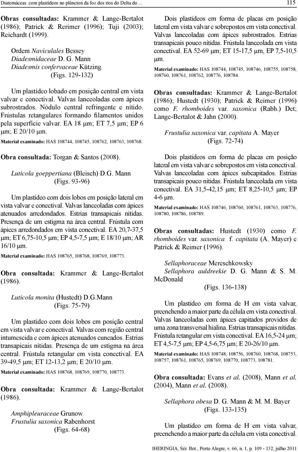 Nódulo central refringente e nítido. Frústulas retangulares formando filamentos unidos pela superfície valvar. EA 18 μm; ET 7,5 μm; EP 6 μm; E 20/10 μm.