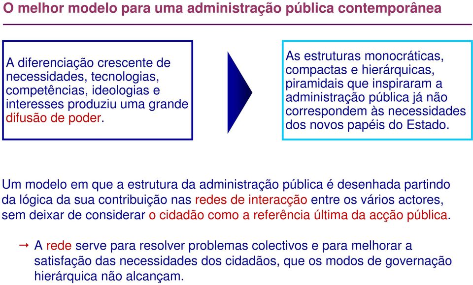 Um modelo em que a estrutura da administração pública é desenhada partindo da lógica da sua contribuição nas redes de interacção entre os vários actores, sem deixar de considerar o cidadão