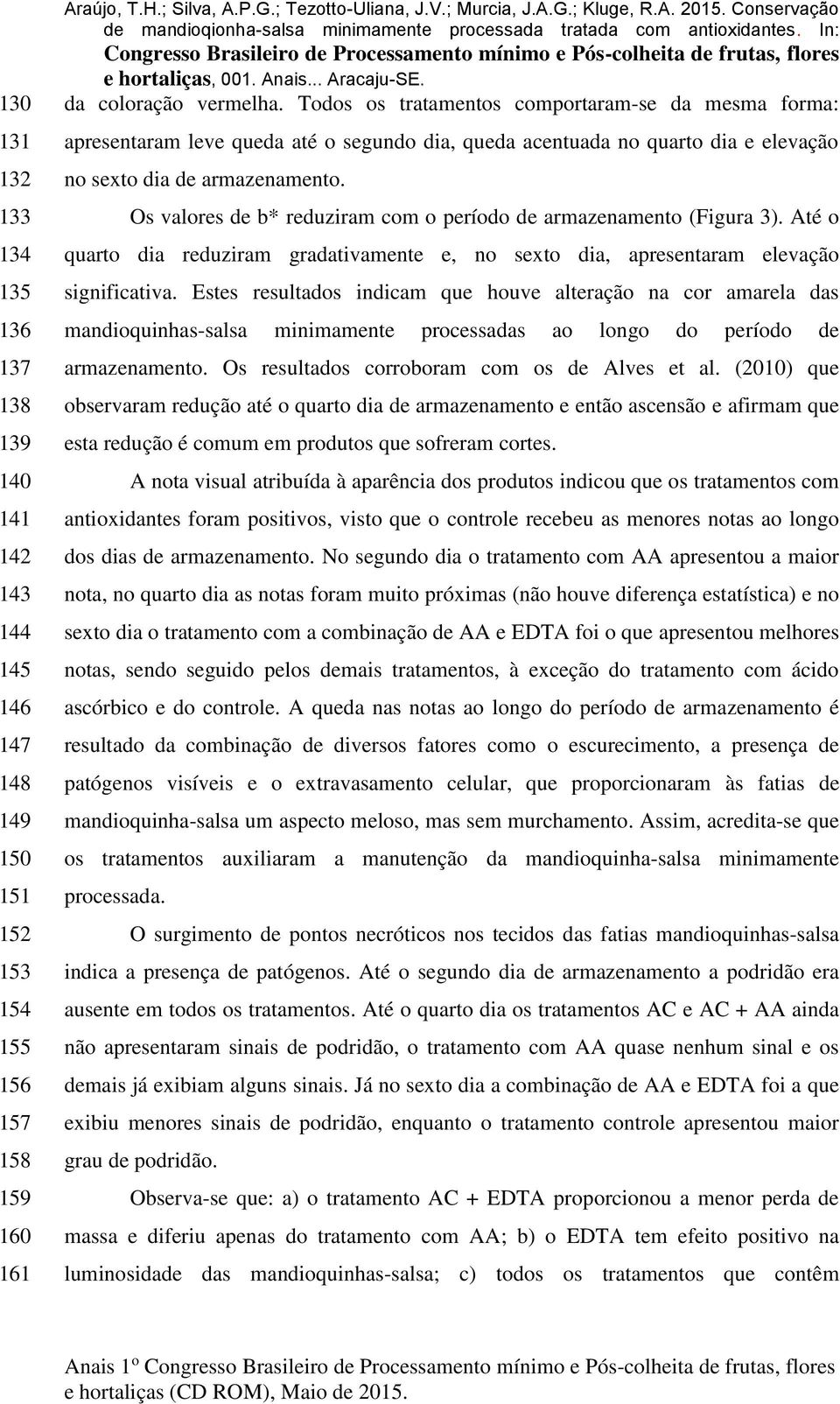 Os valores de b* reduziram com o período de armazenamento (Figura 3). Até o quarto dia reduziram gradativamente e, no sexto dia, apresentaram elevação significativa.