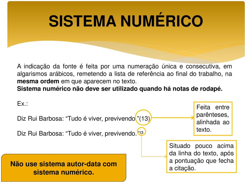 Sistema numérico não deve ser utilizado quando há notas de rodapé. Ex.: Diz Rui Barbosa: Tudo é viver, previvendo.