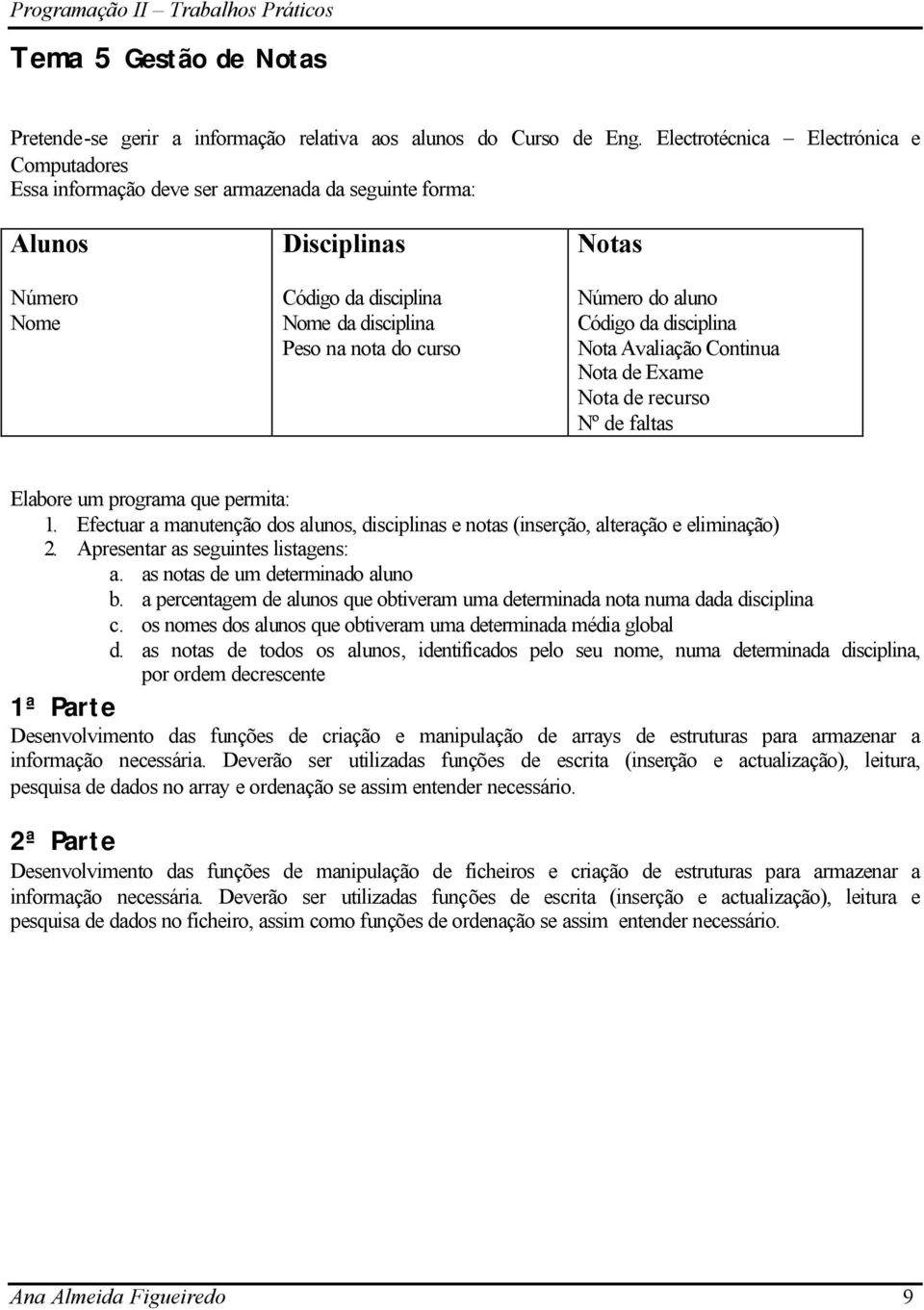 Número do aluno Código da disciplina Nota Avaliação Continua Nota de Exame Nota de recurso Nº de faltas Elabore um programa que permita: 1.